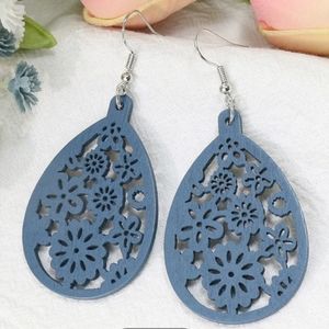Laser Cut Blue Floral Wood Earrings